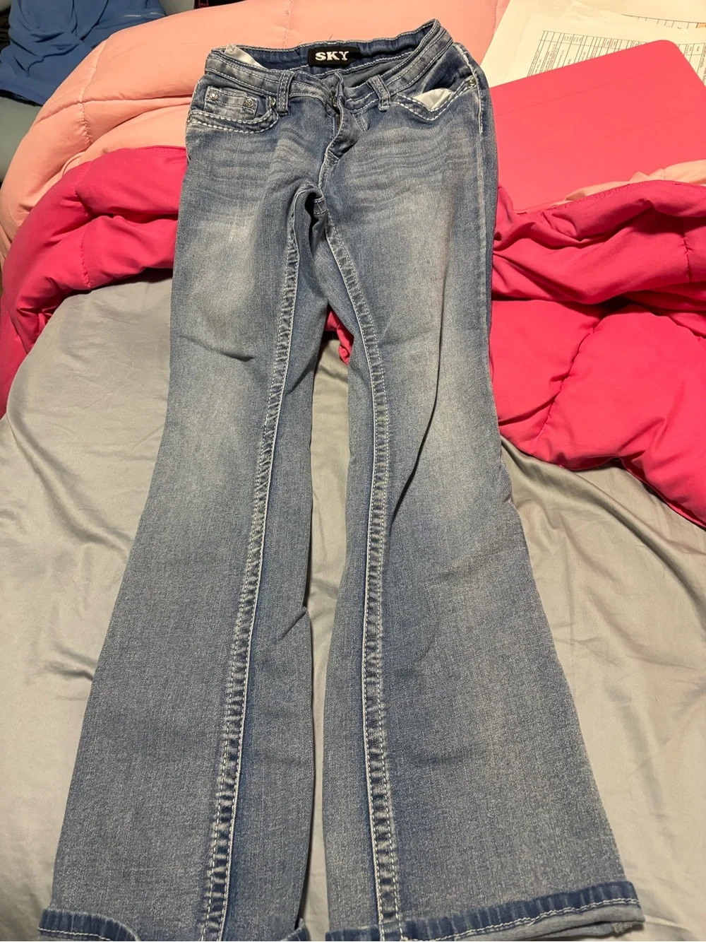 Sky Embellished Light Blue Skinny Jeans with Sequin Steer Pockets - Sky